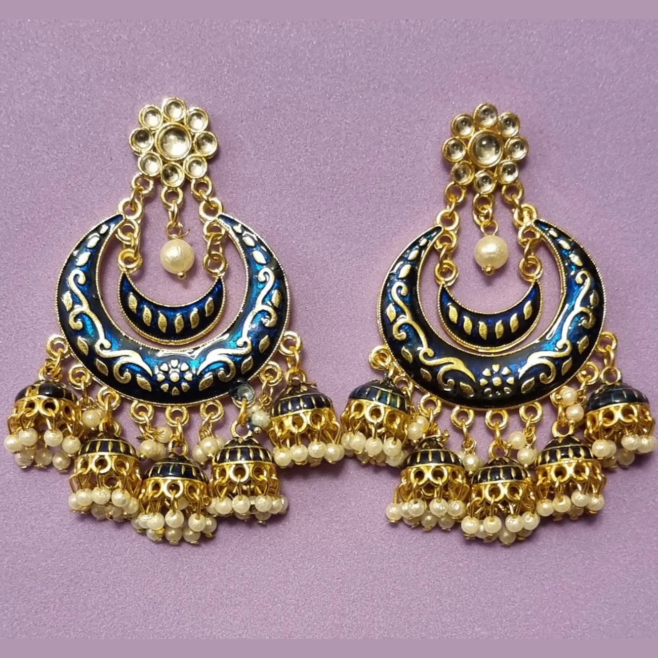 Statement chandbali in meenkari combined with pearl clusters 