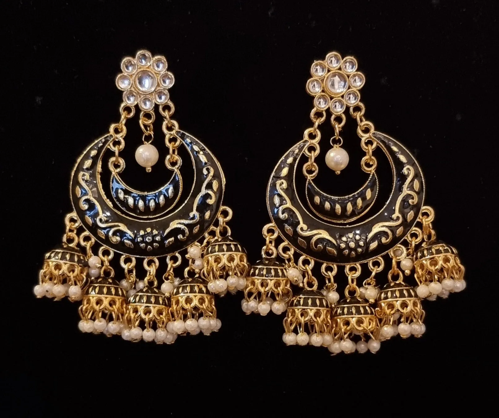 Statement chandbali in meenkari combined with pearl clusters 