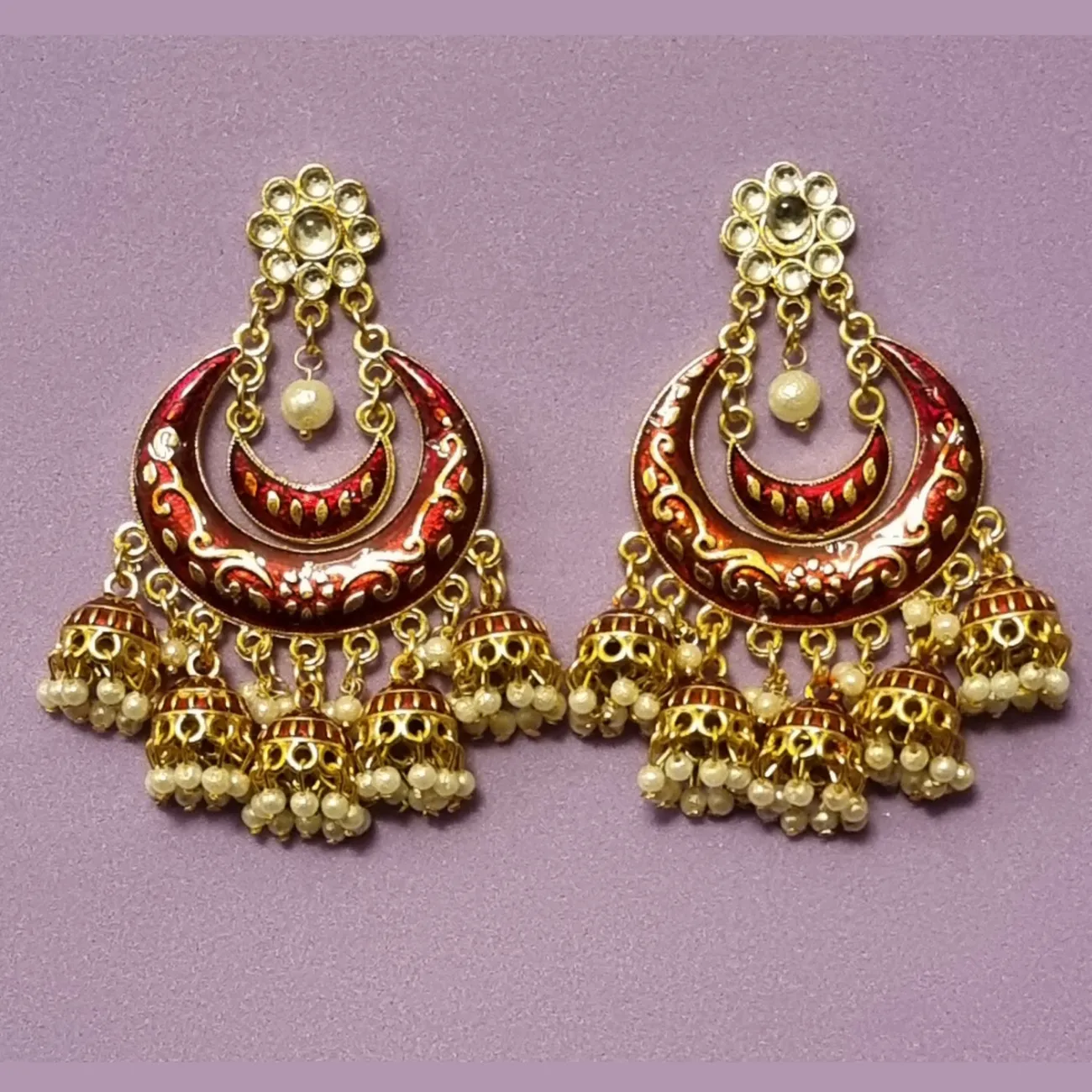Statement chandbali in meenkari combined with pearl clusters 