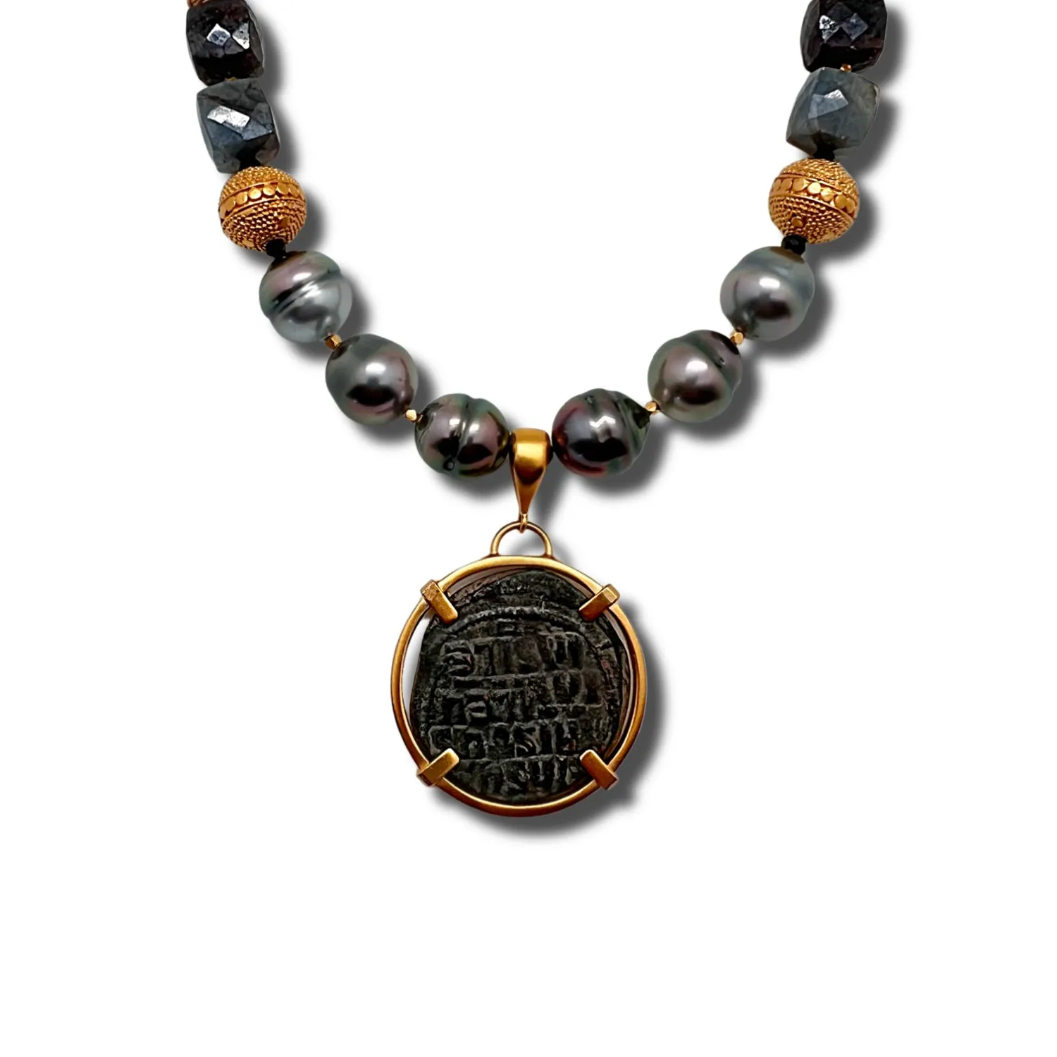 Tahitian Pearl, Sapphire and "Christ, King of Kings" Ancient Coin Necklace