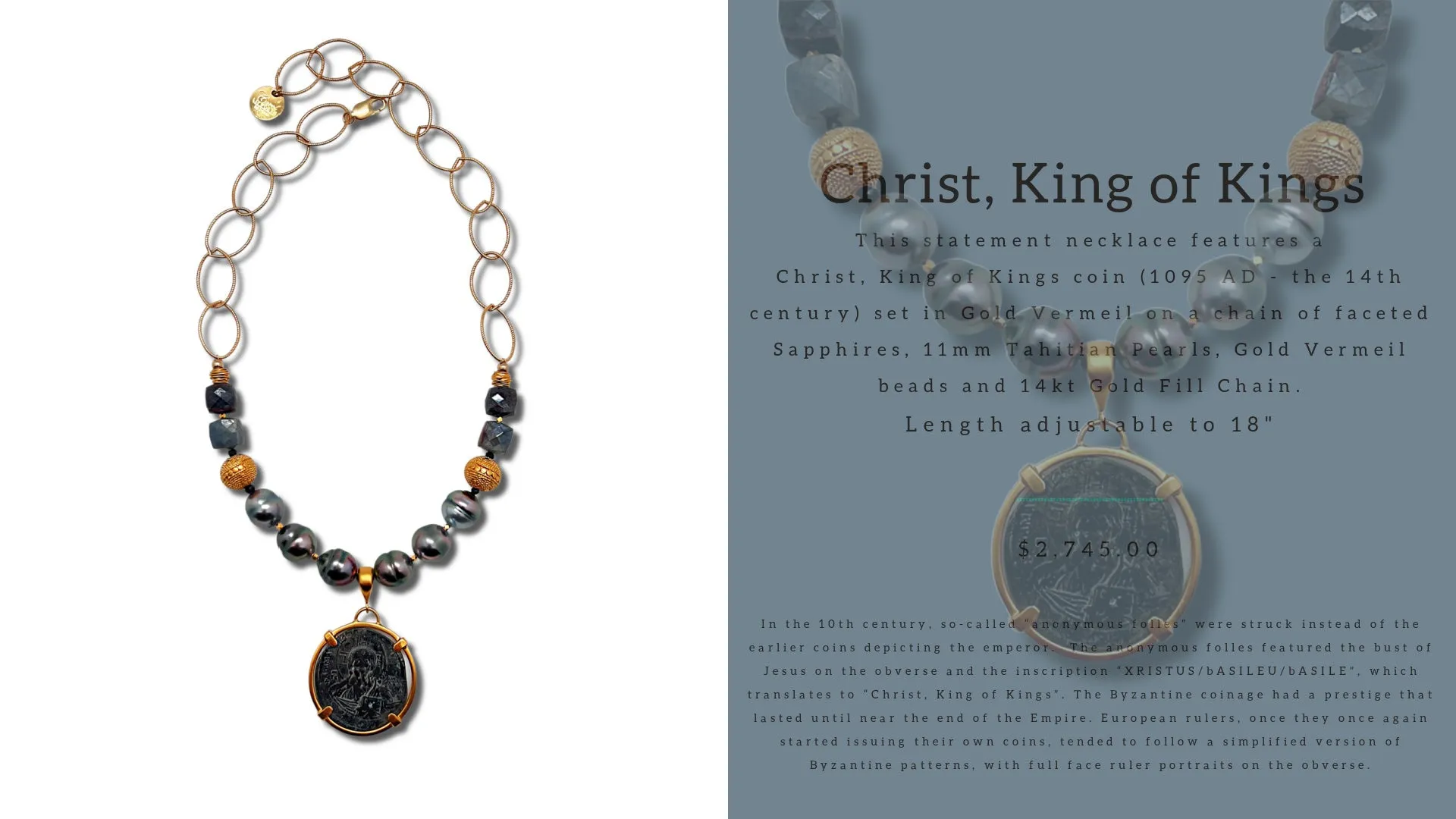 Tahitian Pearl, Sapphire and "Christ, King of Kings" Ancient Coin Necklace