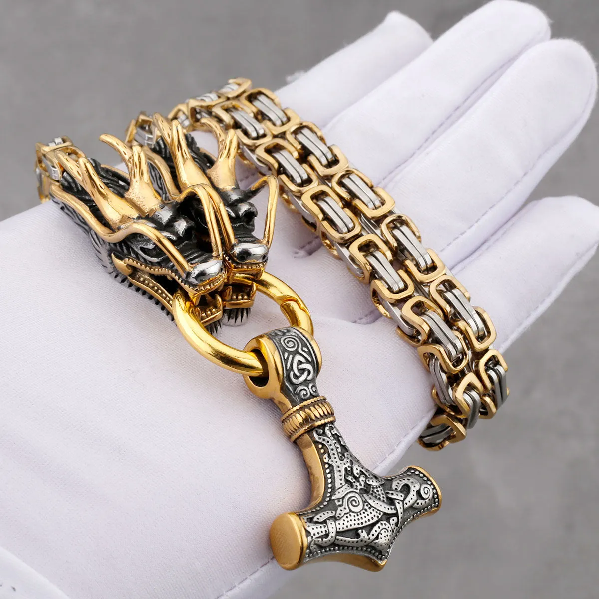 Thor's Hammer with Dragon - The Nevermore Pendant Titanium Steel