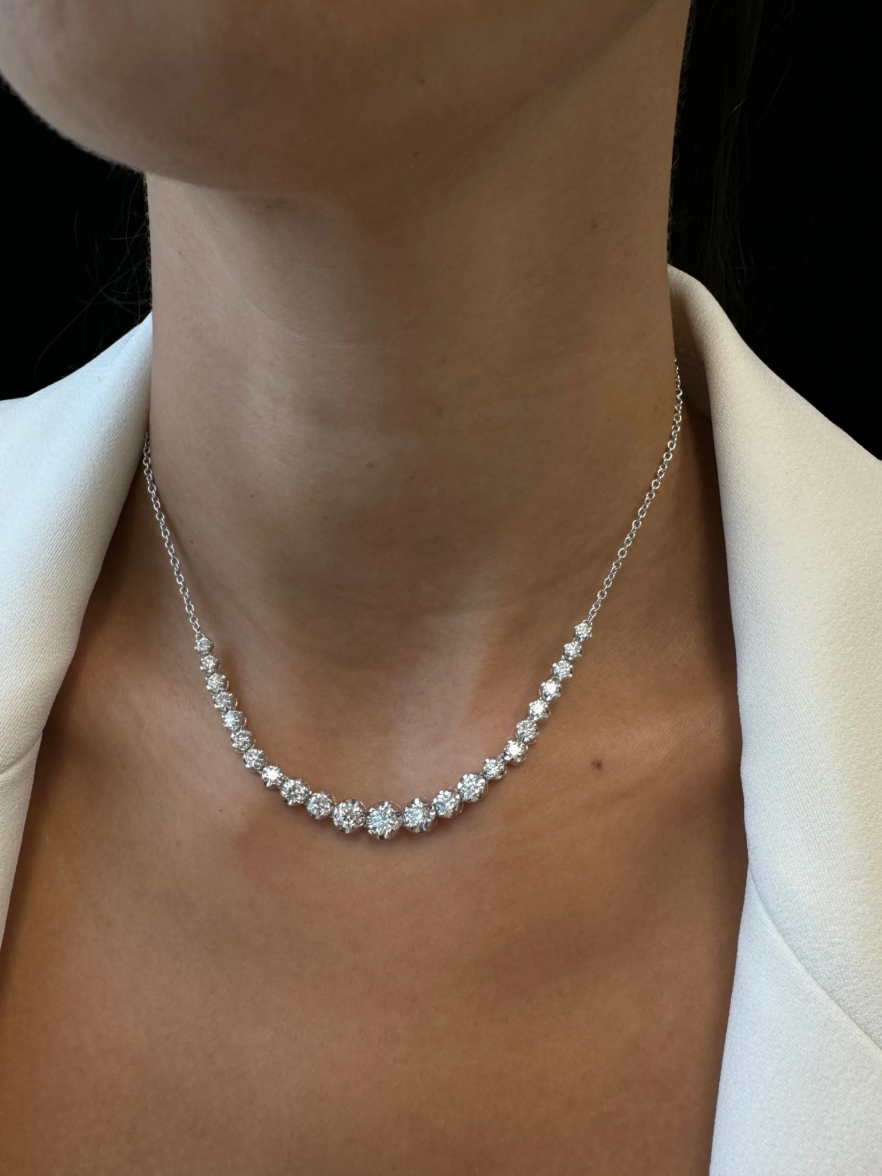 Tullia - Halfway Graduated Crown Prong Natural Diamond Tennis Necklace