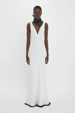 V-Neck Gathered Waist Floor-Length Gown In Ivory