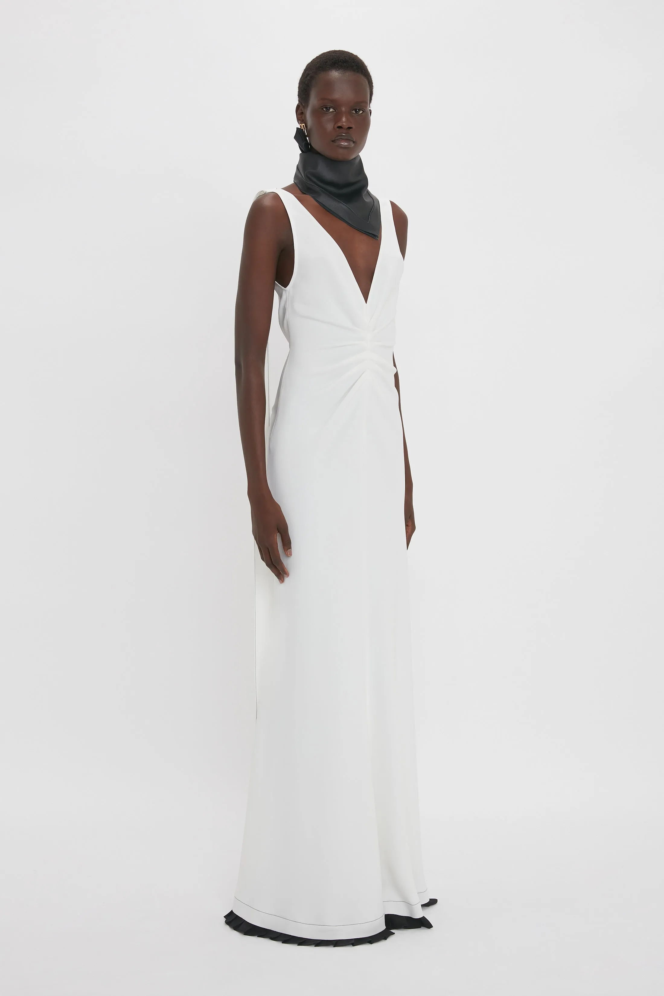 V-Neck Gathered Waist Floor-Length Gown In Ivory