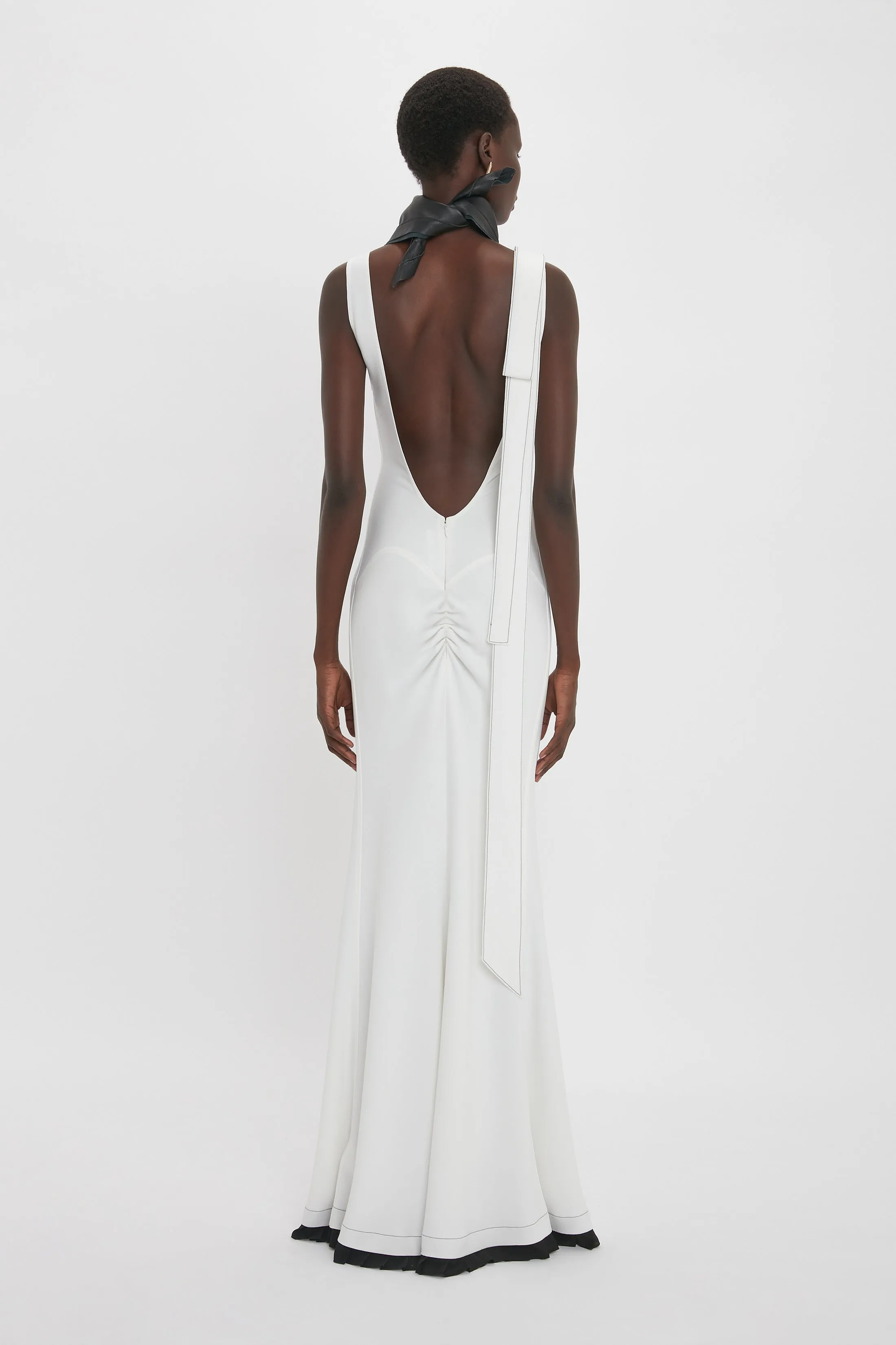 V-Neck Gathered Waist Floor-Length Gown In Ivory