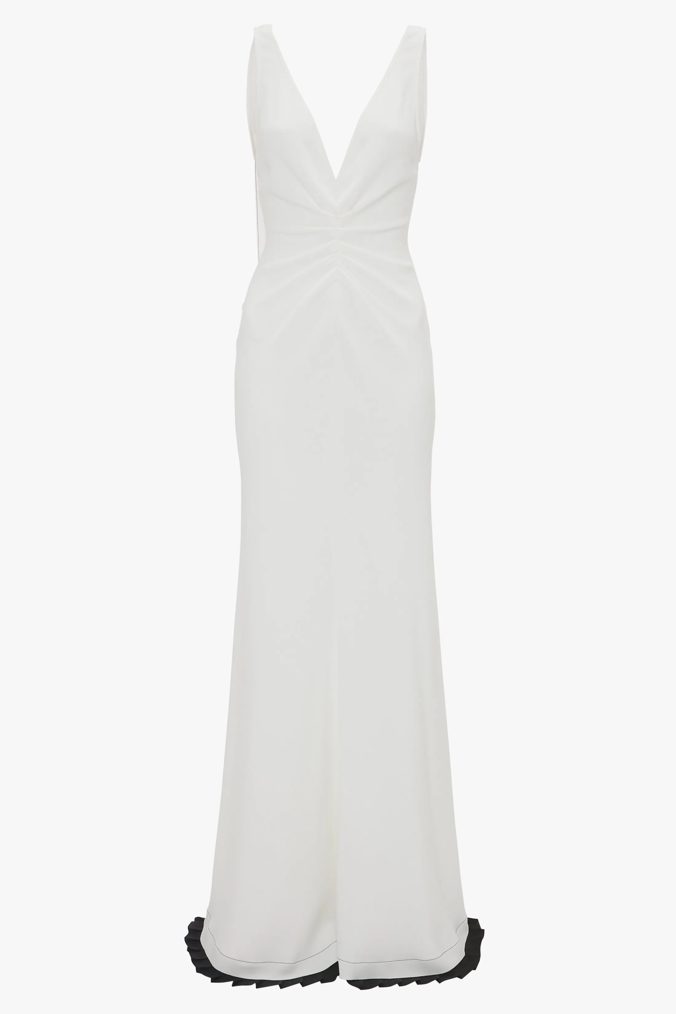 V-Neck Gathered Waist Floor-Length Gown In Ivory