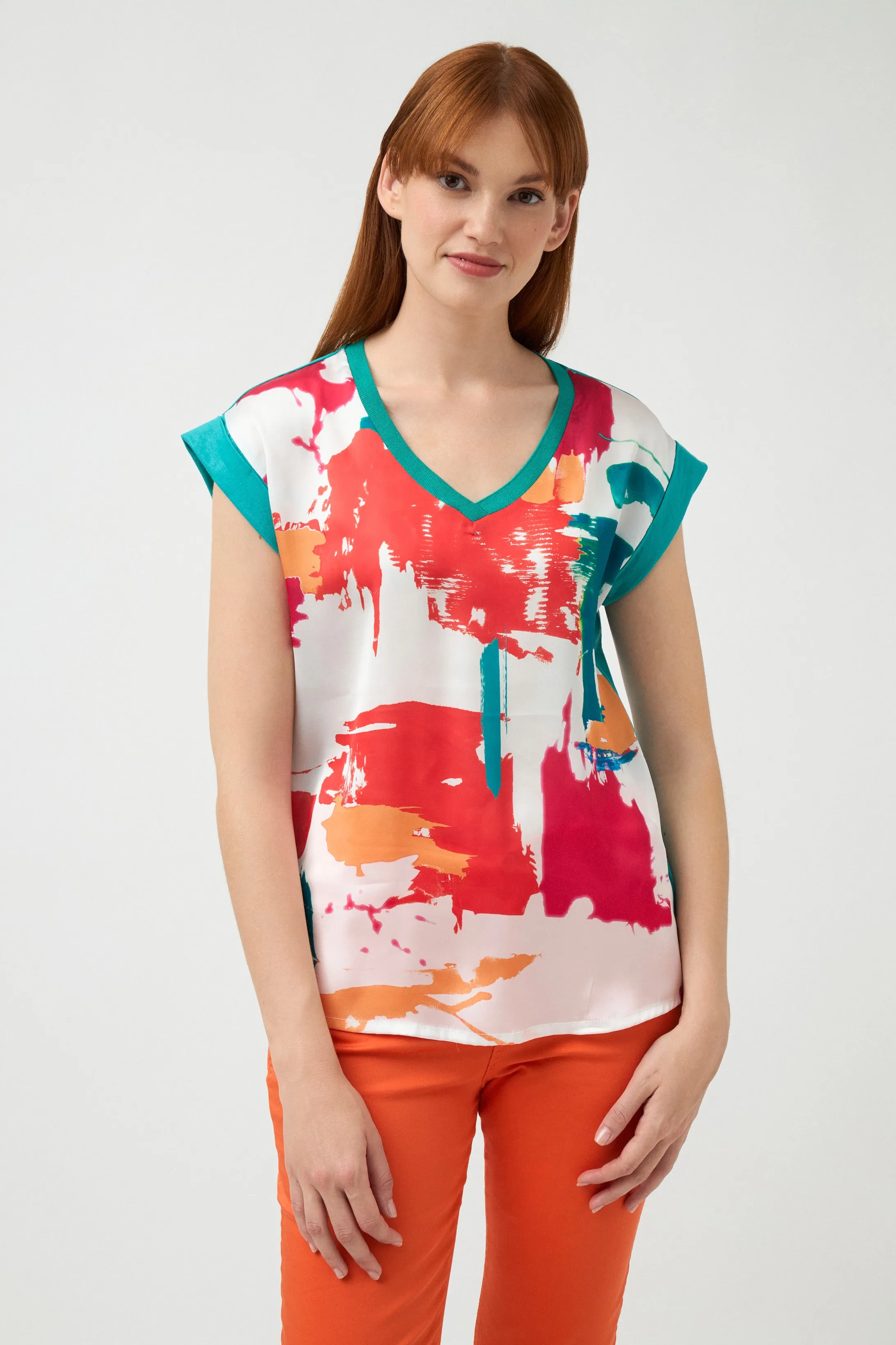 V neck Satin Front Blouse - Emerald
