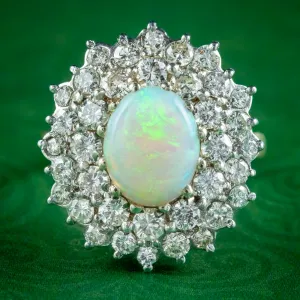 Vintage Opal Diamond Cluster Cocktail Ring 2.8ct Opal 2.1ct Of Diamond