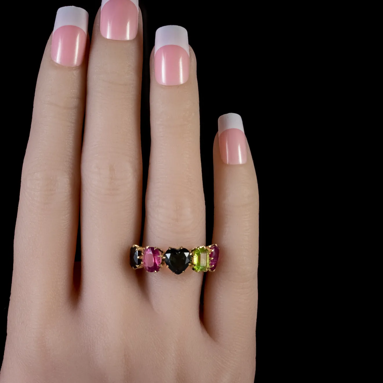 Vintage Tourmaline Five Stone Heart Ring 18Ct Gold