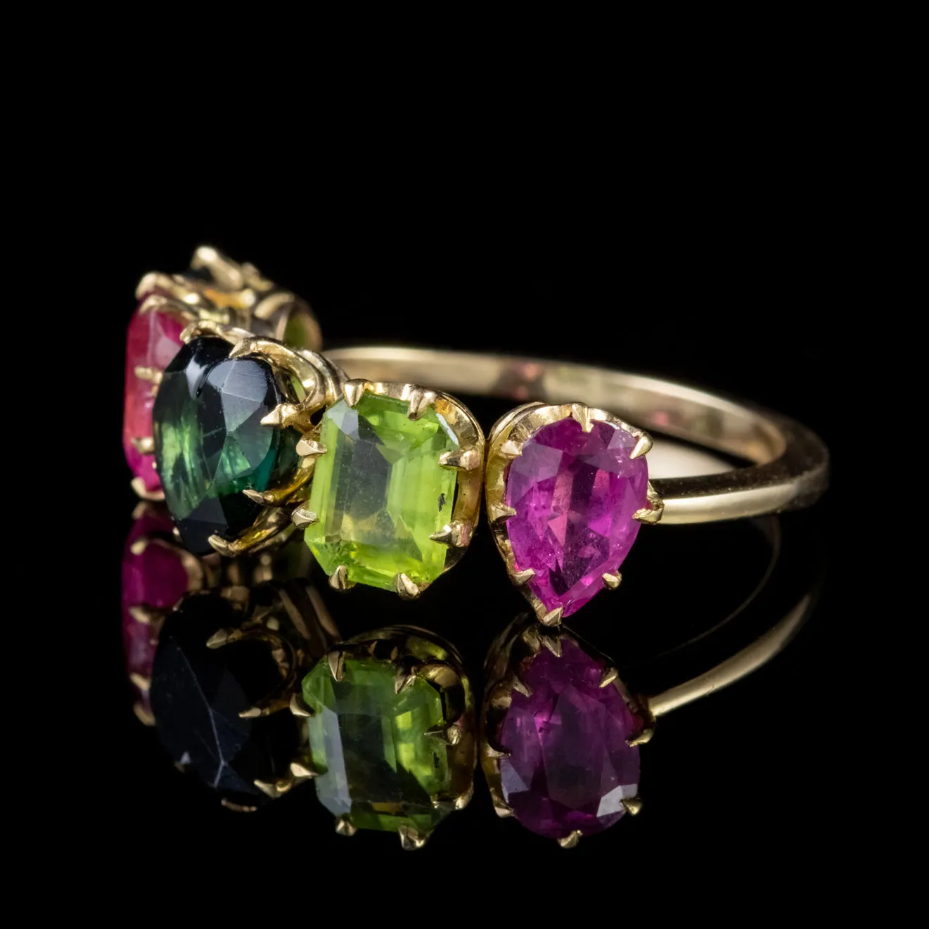Vintage Tourmaline Five Stone Heart Ring 18Ct Gold