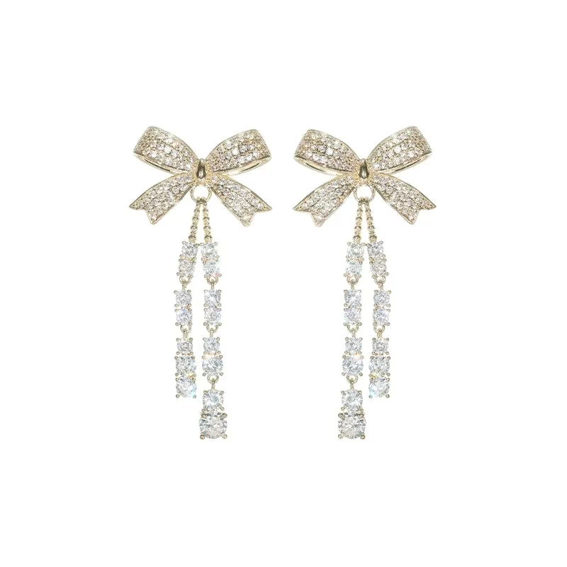 Wardrobes by Chen Luxury Gold Bow Tassel Diamond Earrings-Beck