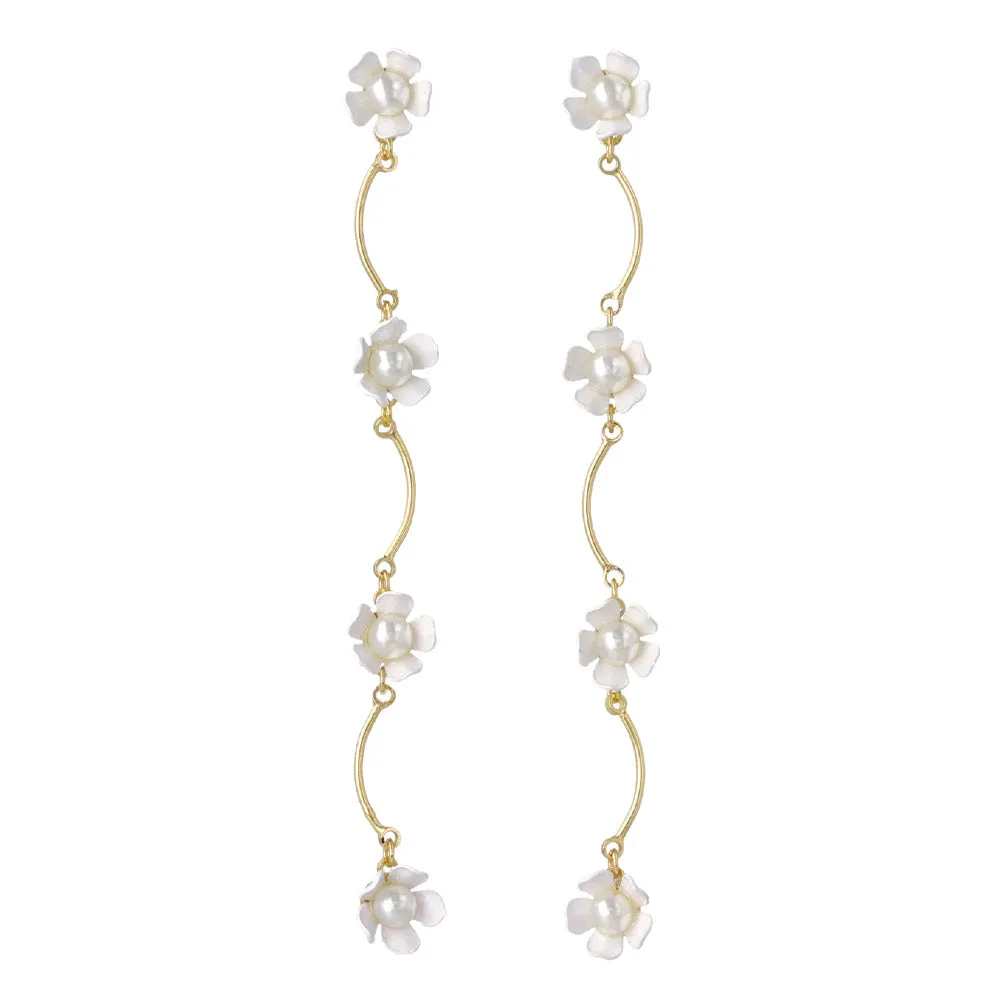 White Flower Wavy Linear Earrings