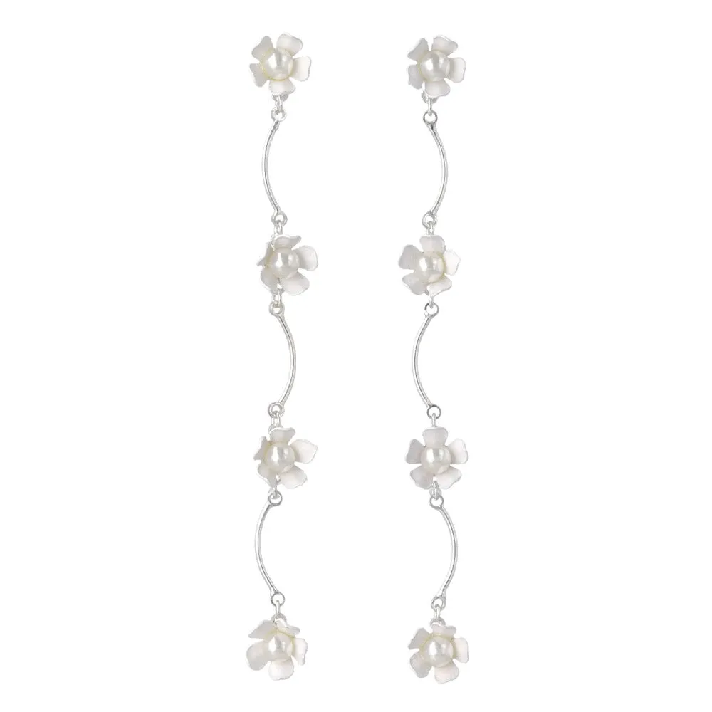 White Flower Wavy Linear Earrings